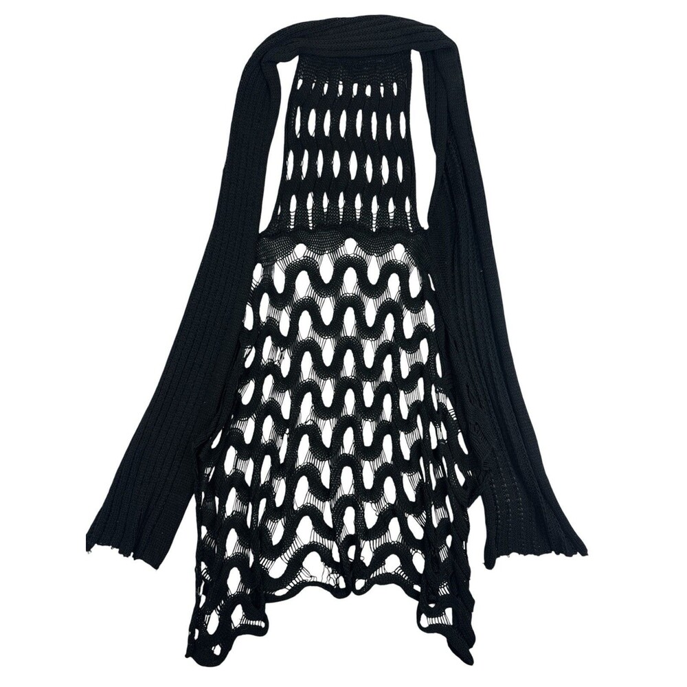BCBG Draped Open Knit Tank Duster Waterfall Scarf Black Crochet Boho Longline XL - Picture 5 of 6